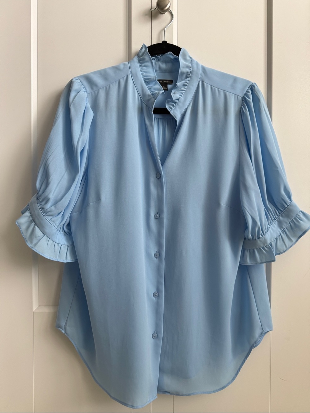 Ann Taylor Light Blue Ruffle Collar Button-Down Blouse